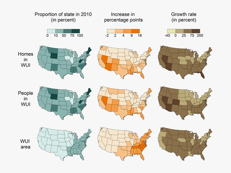 Only the District of Columbia had negative absolute growth in the WUI (homes, people, and area) between 1990 and 2010.